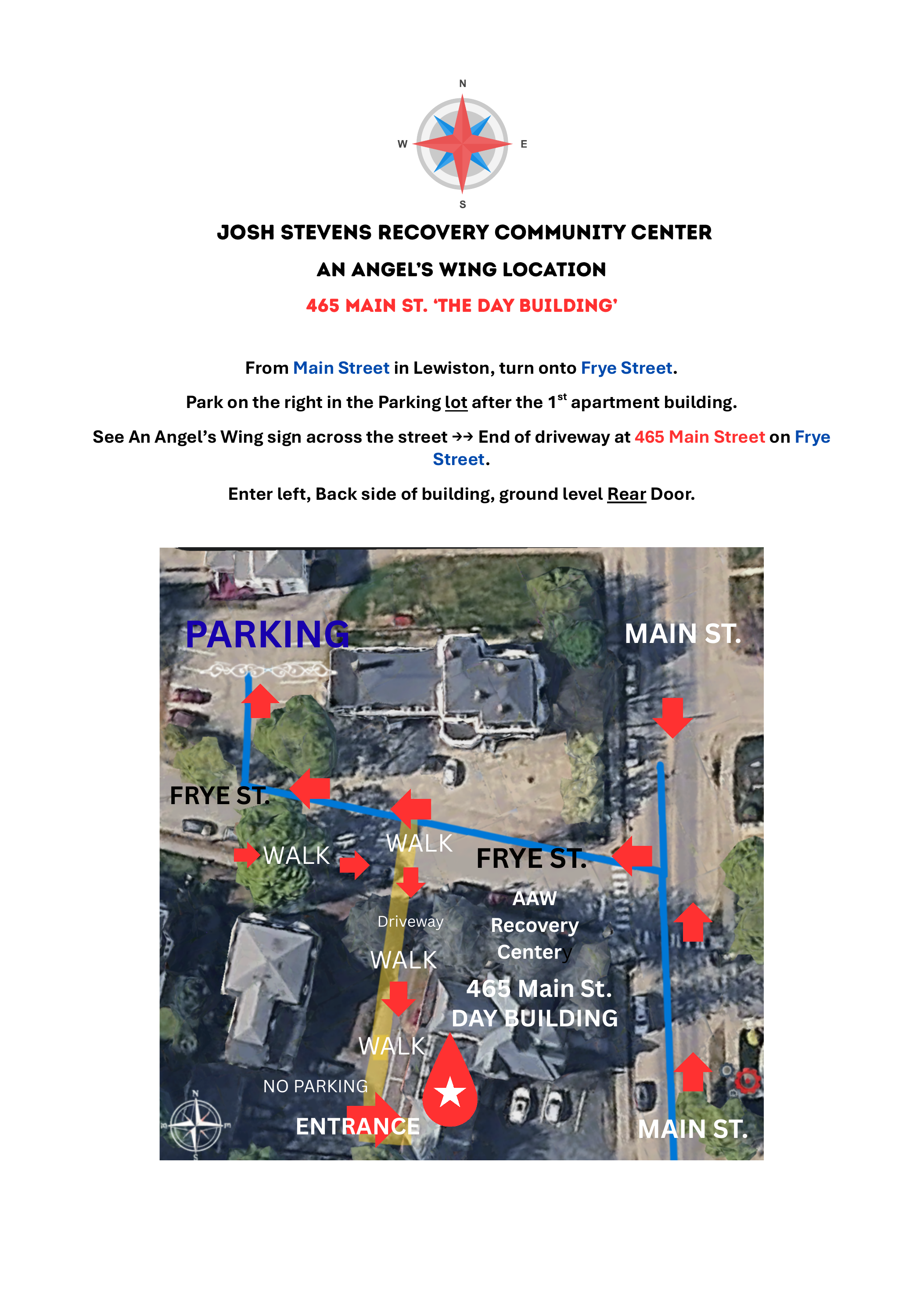 Aerial map showing directions and parking for the Josh Stevens Recovery Community Center at 465 Main Street, Lewiston ME